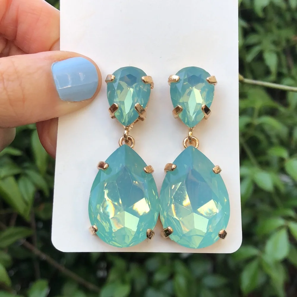 Green Opal Crystal Drop Statement Earrings